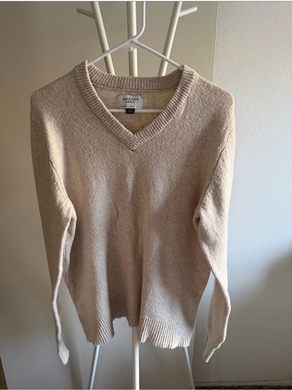 American Eagle Outfitters Men's V-Neck Sweater in Light Beige